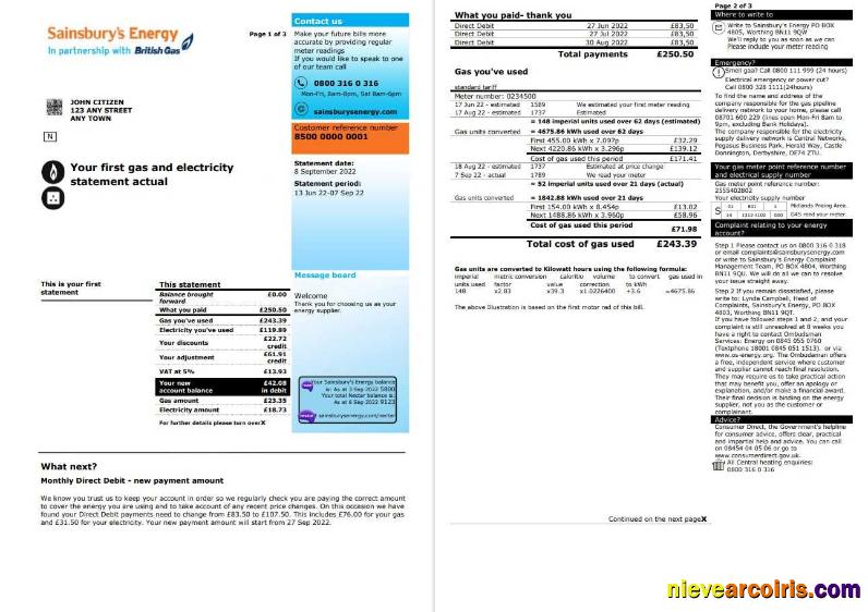 United Kingdom Sainsbury’s Energy British Gas bill, 3 pages 1 2